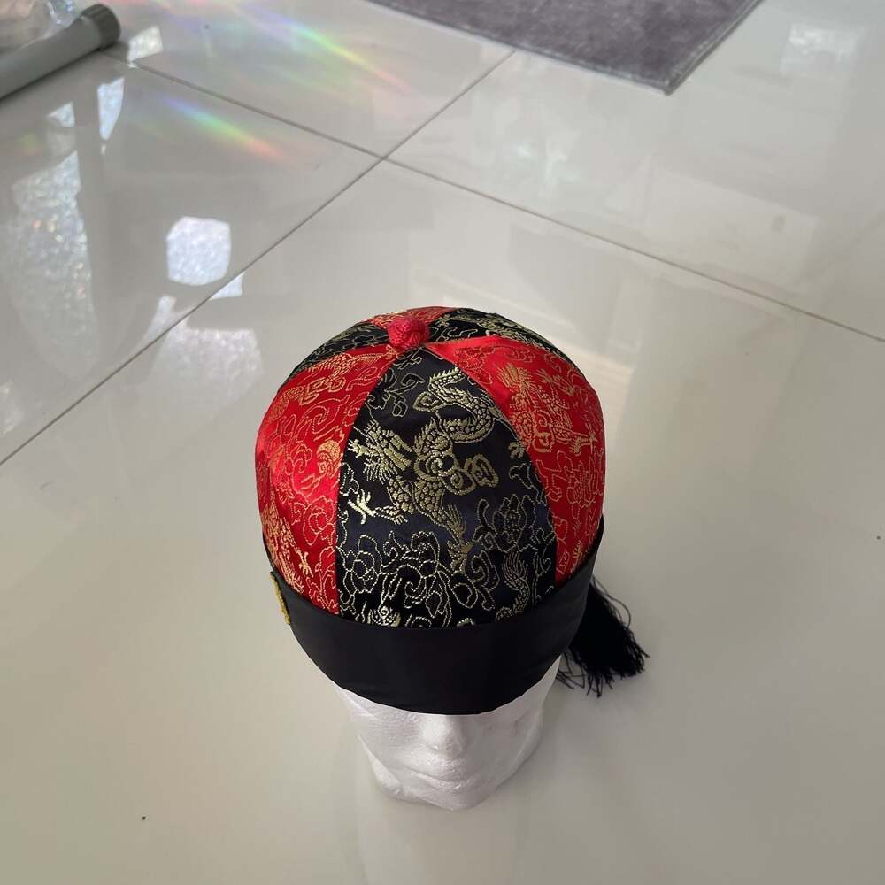 Chinese Dragon Brocade Hat Red Black Gold Costume Accessory One Size